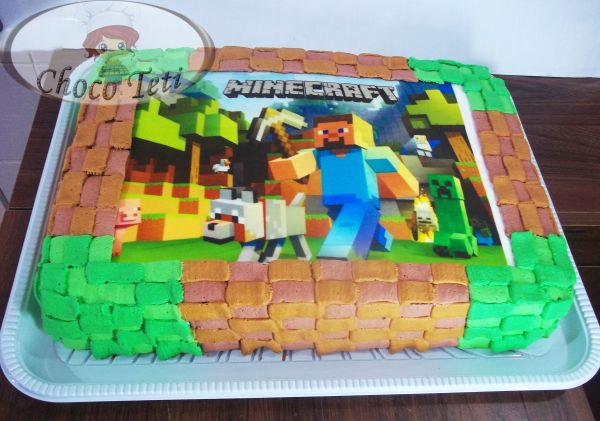 Bolo com papel arroz do Minecraft - Panificadora Pão Puro