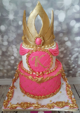 bolo princesa rosa e dourado