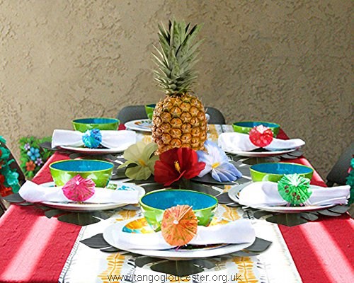 festa tropical decoração mesas