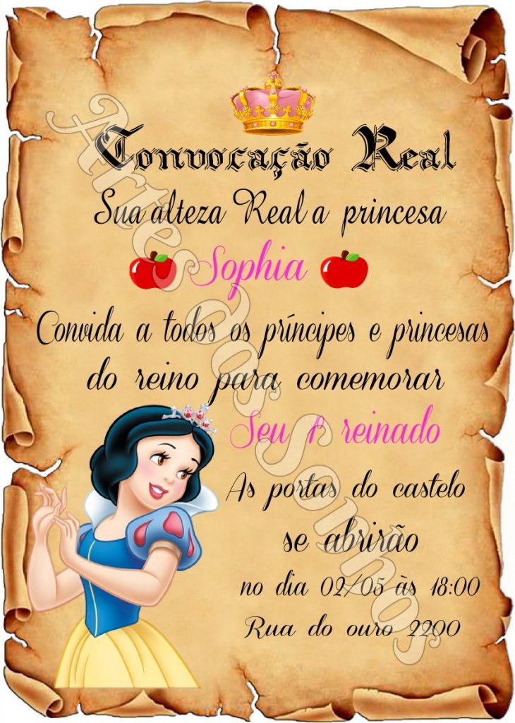 convite branca de neve personalizado