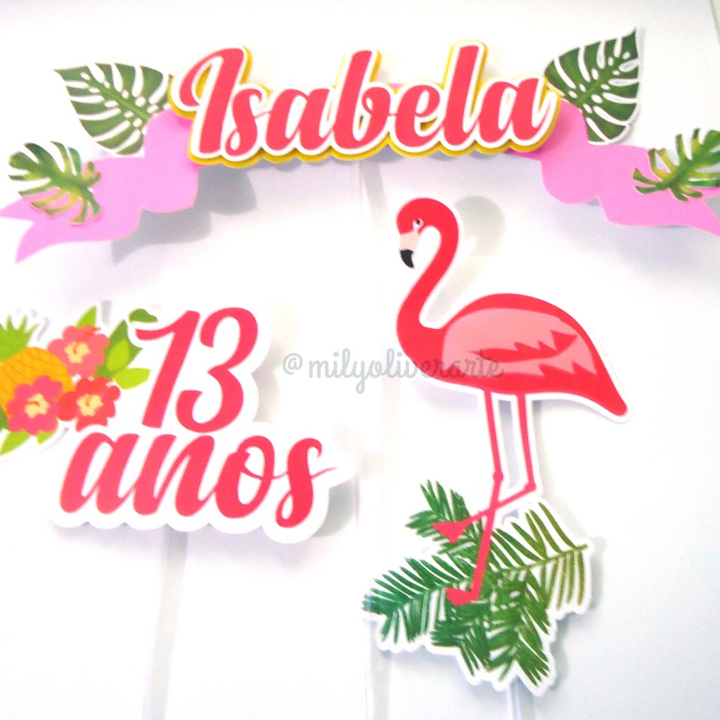 topo de bolo flamingo com flores