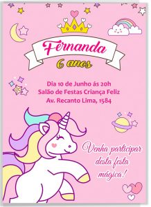 convite aniversário infantil Unicórnio