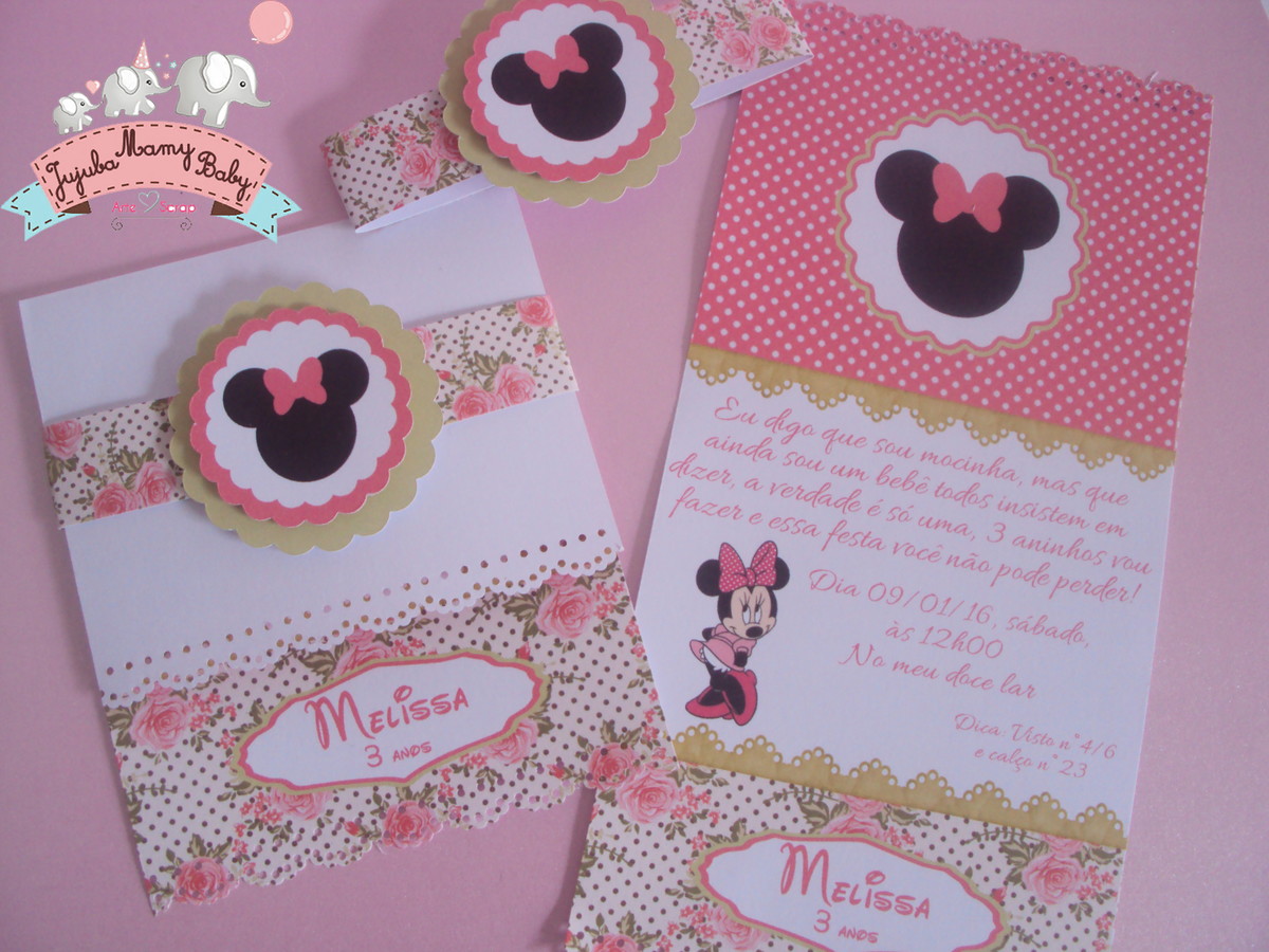 convite minnie rosa E Dourado