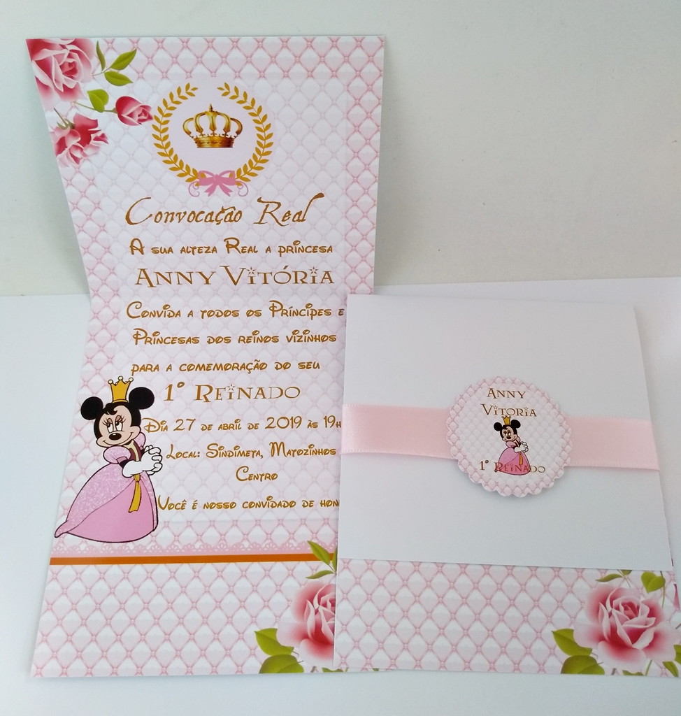 convite minnie rosa E Dourado