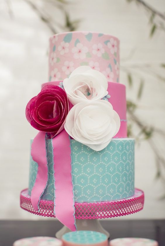 bolo azul e rosa Papel Arroz